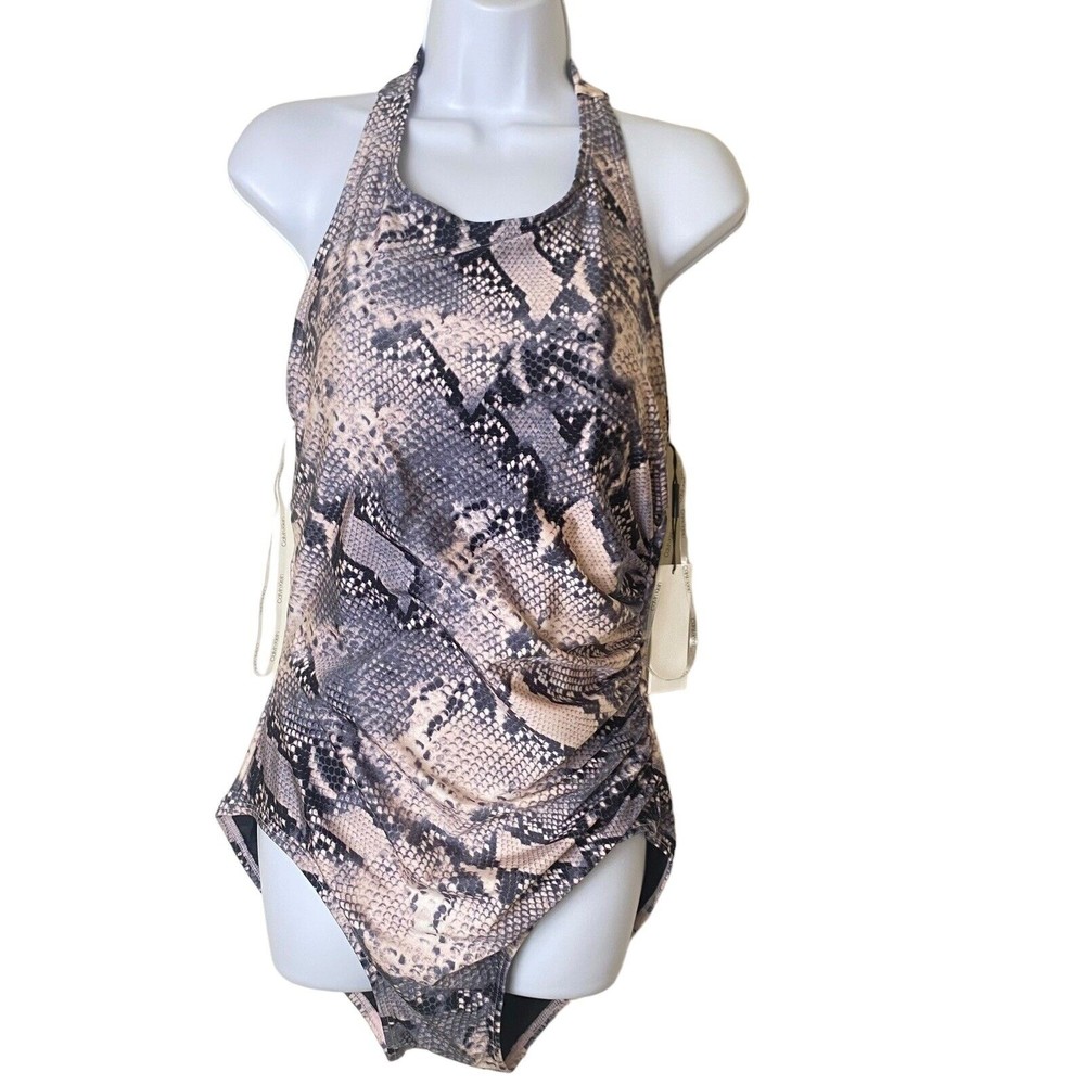Calvin Klein One-Piece Swimsuit Size 14 Snake Print High-Neck Halter MSRP $118